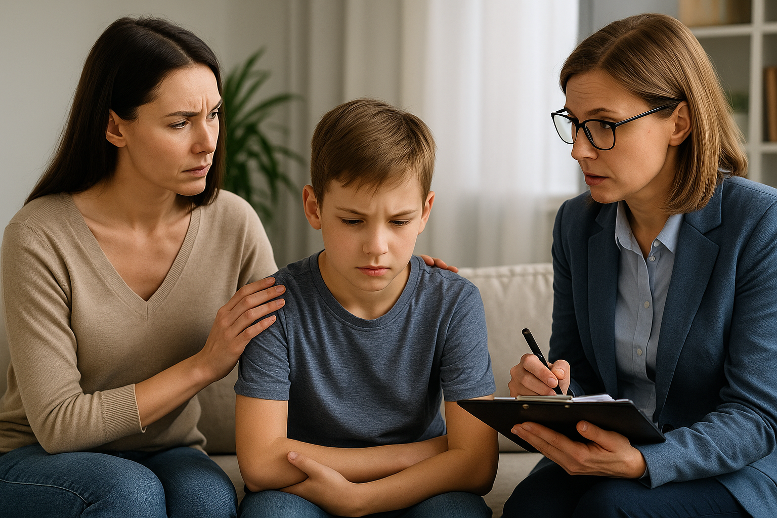 Een moeder troost haar zoon tijdens een gesprek met een opvoedcoach – professionele hulp bij opvoedproblemen in beeld