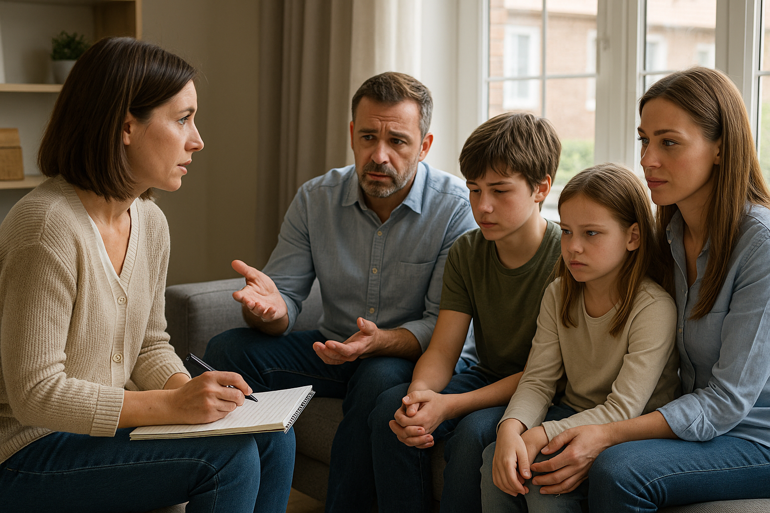 Een gezinscoach in gesprek met een gezin tijdens een coachingssessie in Alphen aan den Rijn, gericht op het herstellen van rust en verbinding thuis