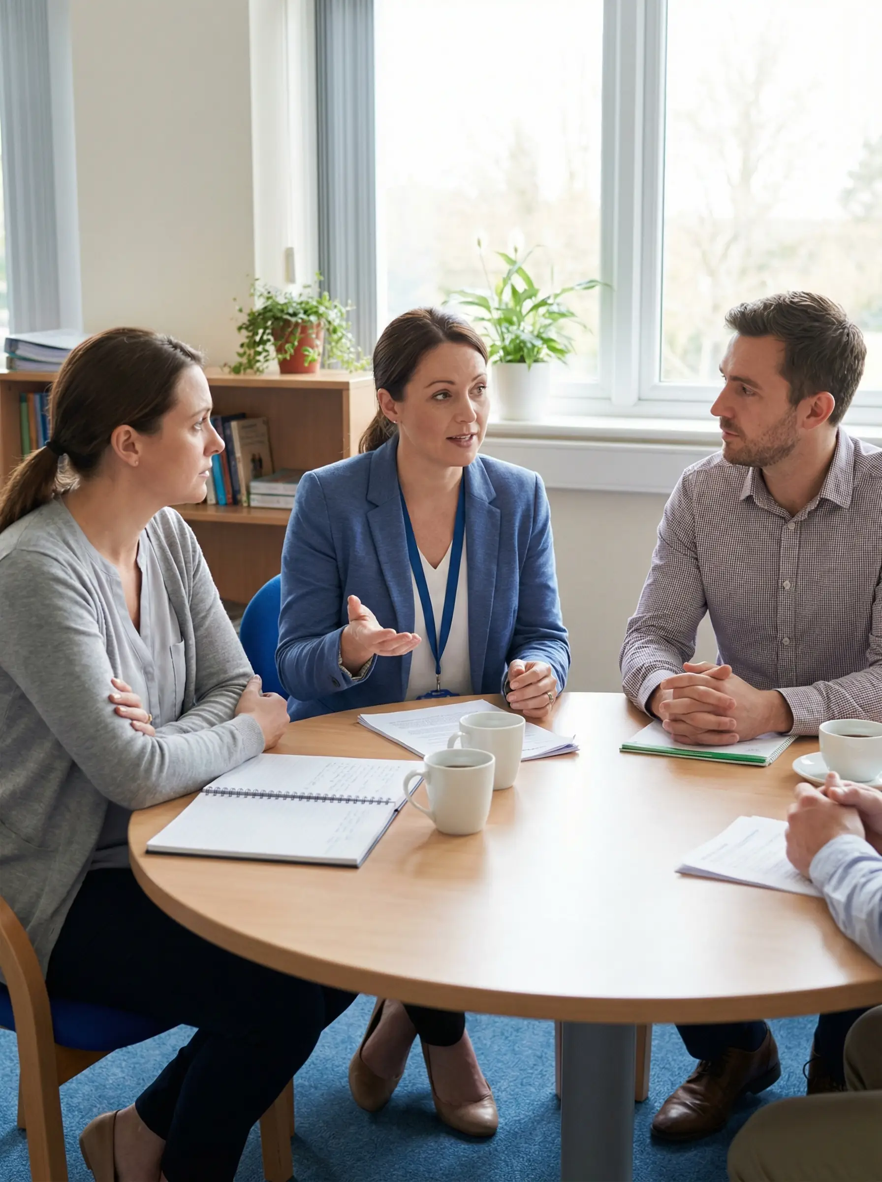 Overleg tussen ambulant begeleider, ouder en docent aan tafel