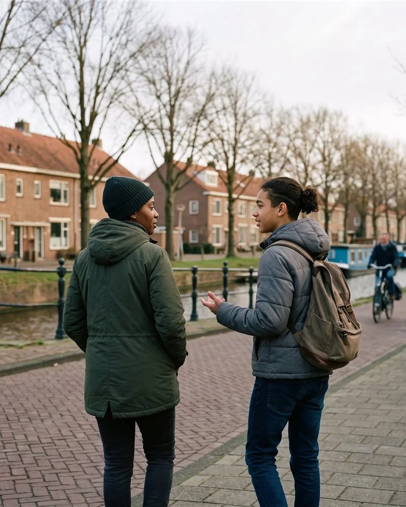 Begeleider en jongere lopen buiten en praten