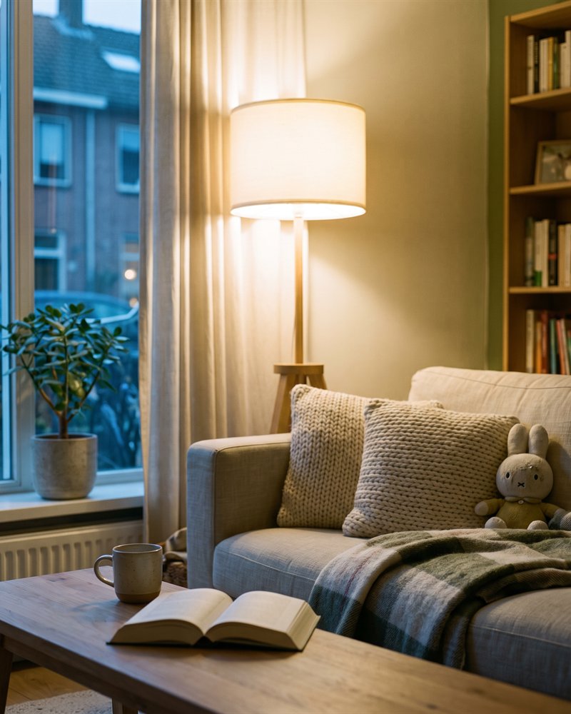 Rustige huiskamer in de avond met een lamp aan